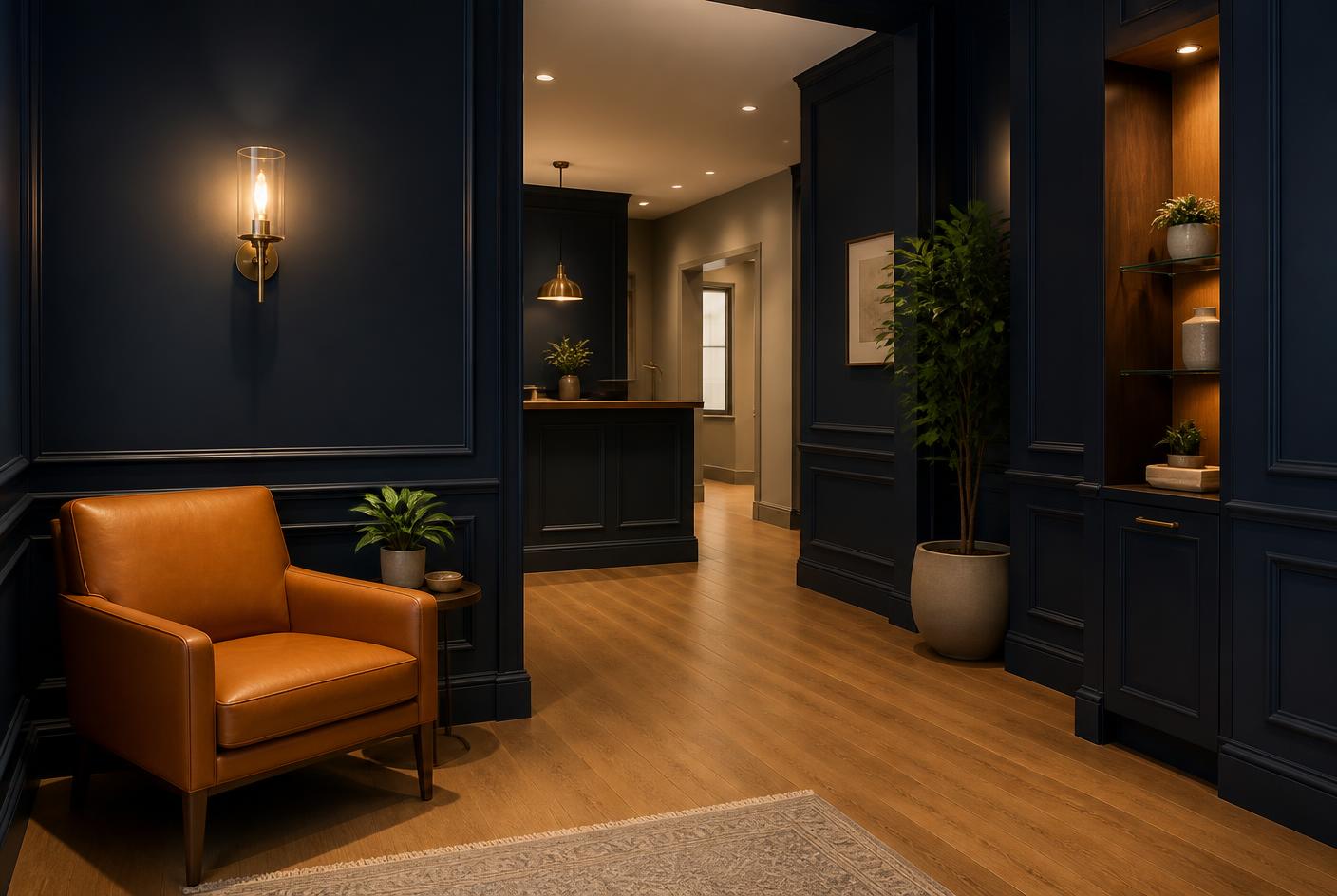 Warm, quiet clinic waiting area with navy walls and an orange armchair